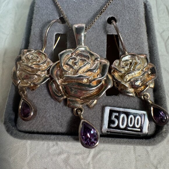 Sterling Silver Rose Jewelry Set W/ Amethyst Teardrop Accents Necklace Earrings - Picture 3 of 5